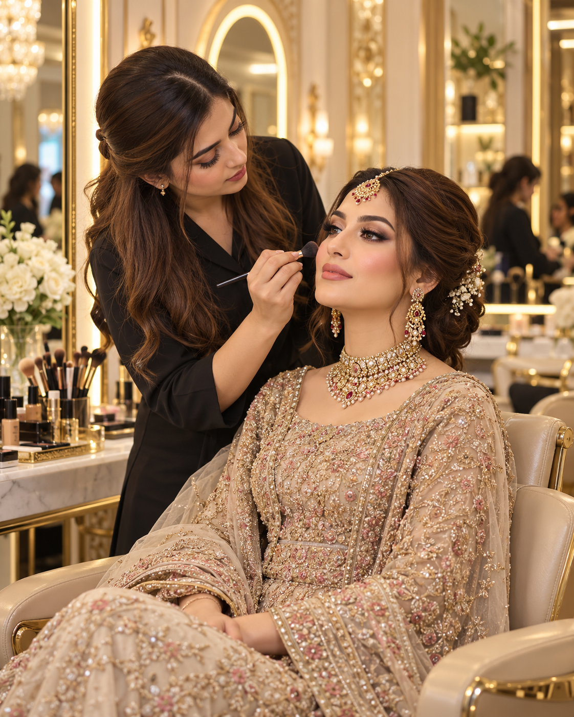 South Asian bridal makeup being applied by a makeup artist