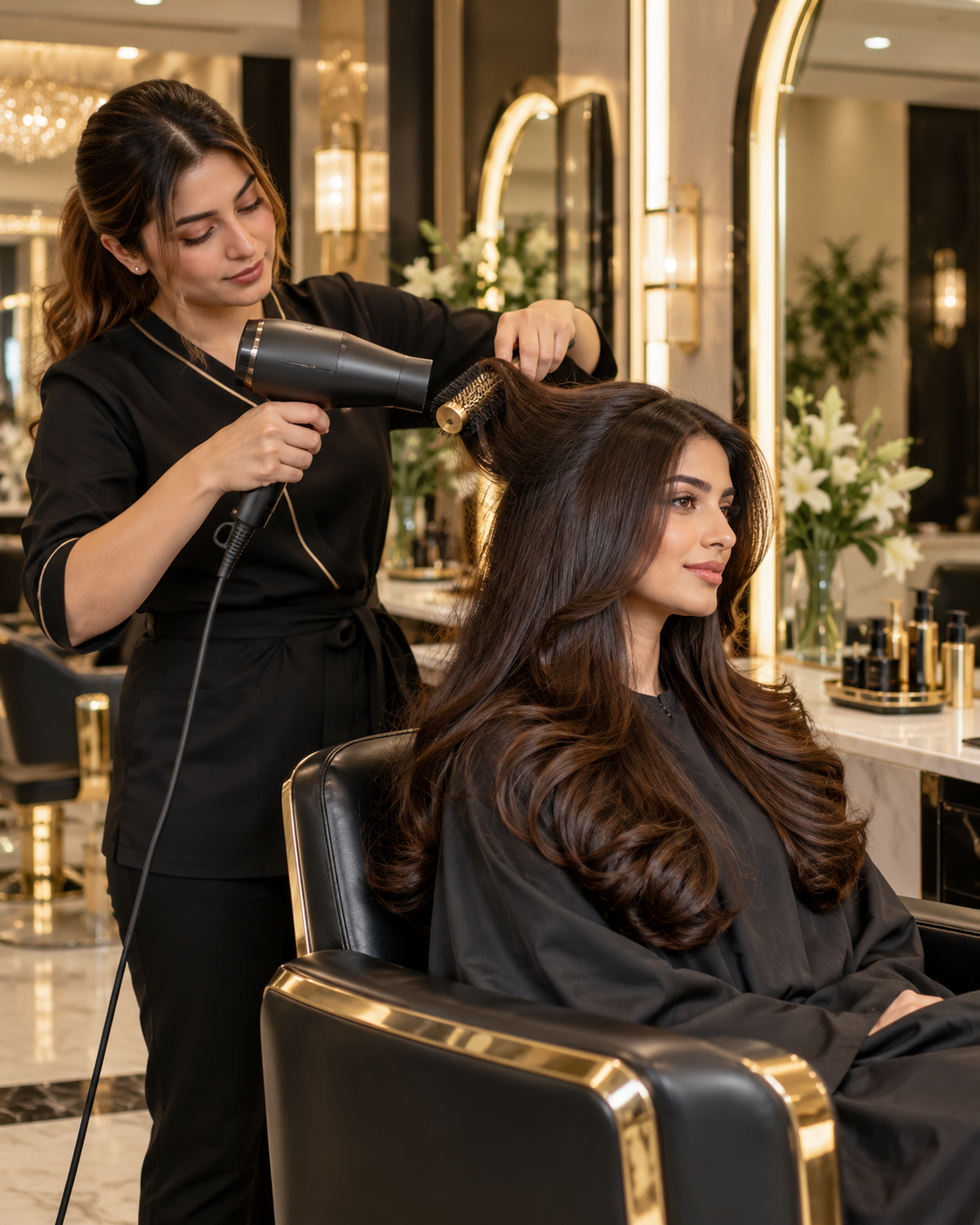 Professional hairstylist styling a client's hair at a beauty salon